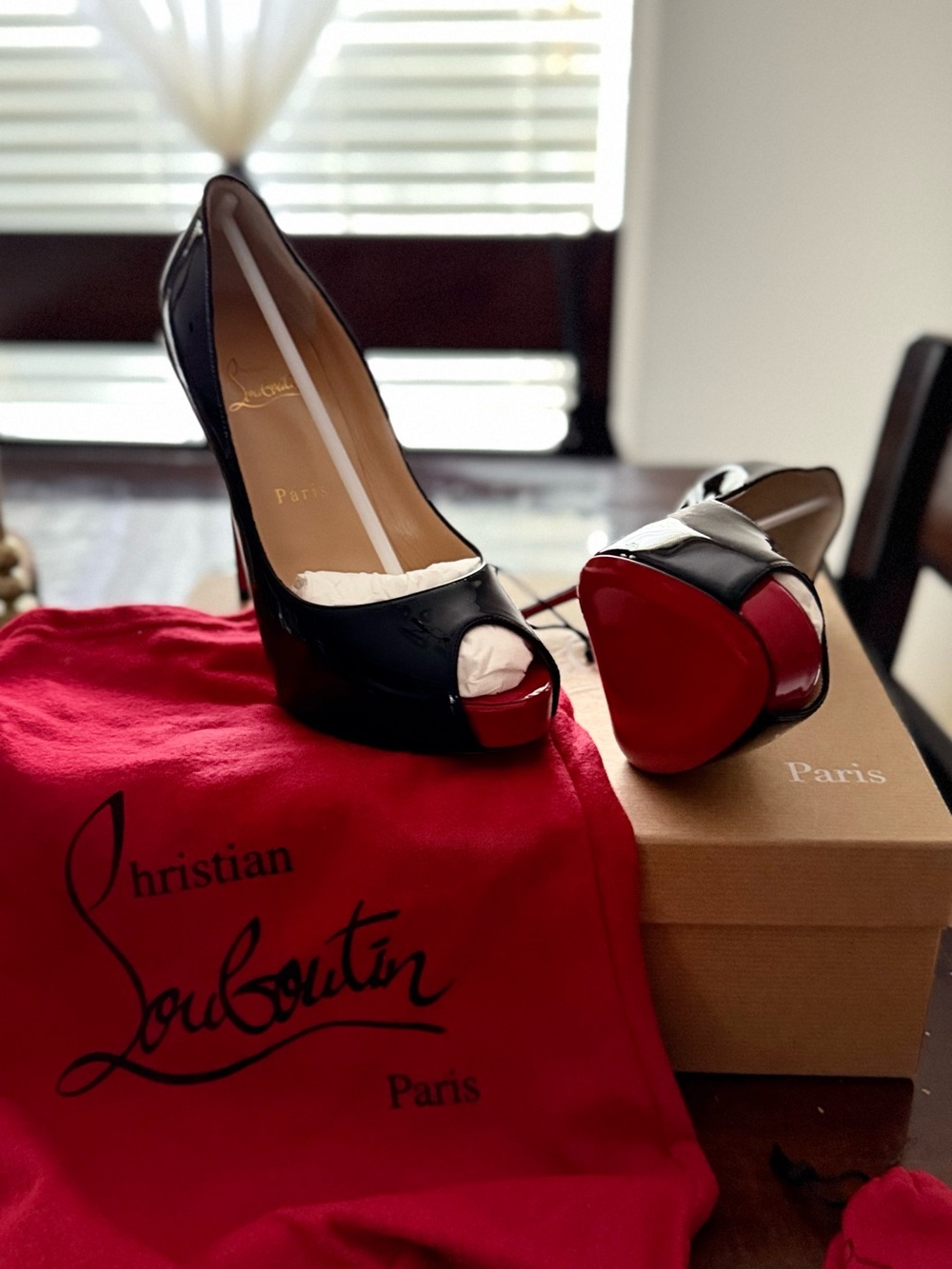 Christian Louboutin Black Patent Peep-Toe Pumps with Red Soles